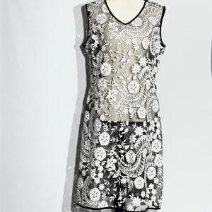 Peter Nygard Womens Slip Overlay Black White Sheer Embroidered Dress - 12